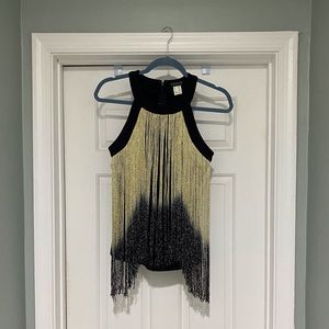 VENUS  XS Sleeveless Fringe Top  Black and Gold